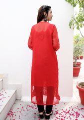 Shifa Georgette Red Chikan Kurta | chikan curry kurti | lakhnavi kurti | lucknowi chikankari kurta | house of chikankari