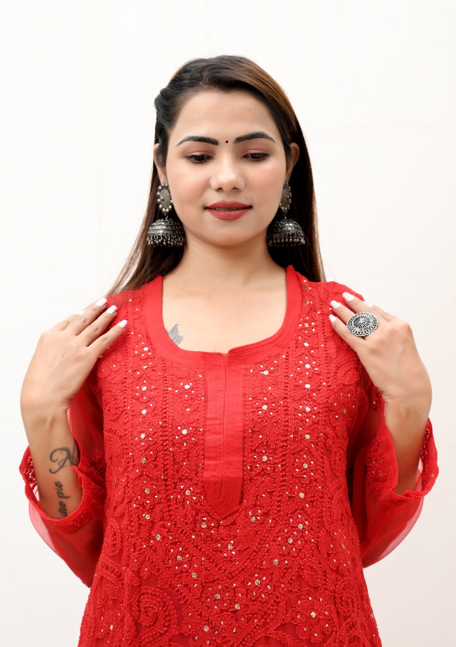 Shifa Georgette Red Chikankari Kurta | chikan curry kurta | lakhnavi kurti | lucknow chikan kurti | house of chikankari