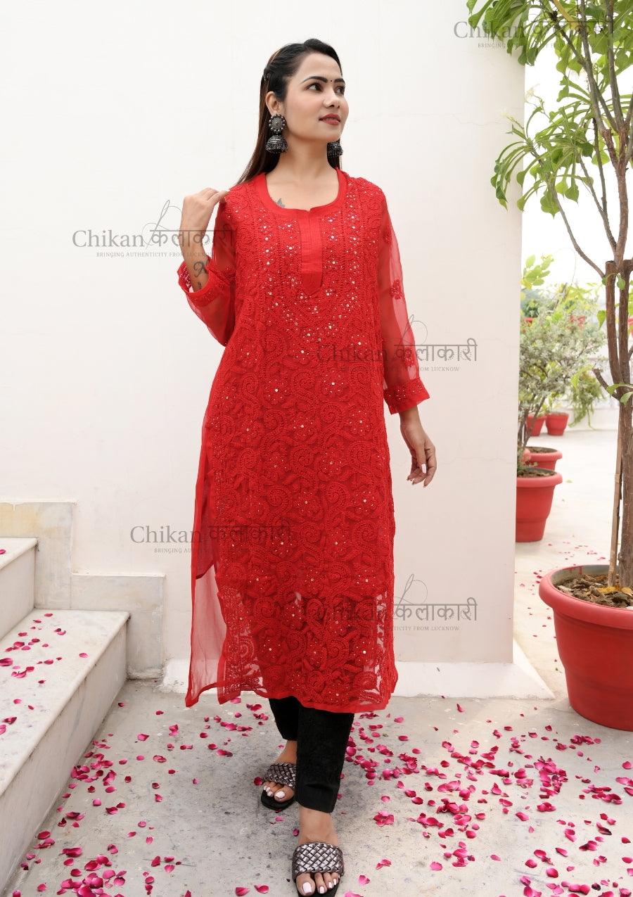 Shifa Georgette Red Chikankari Kurti | chikan curry kurti | lakhnavi kurti | l lucknow chikan kurta | house of chikankari