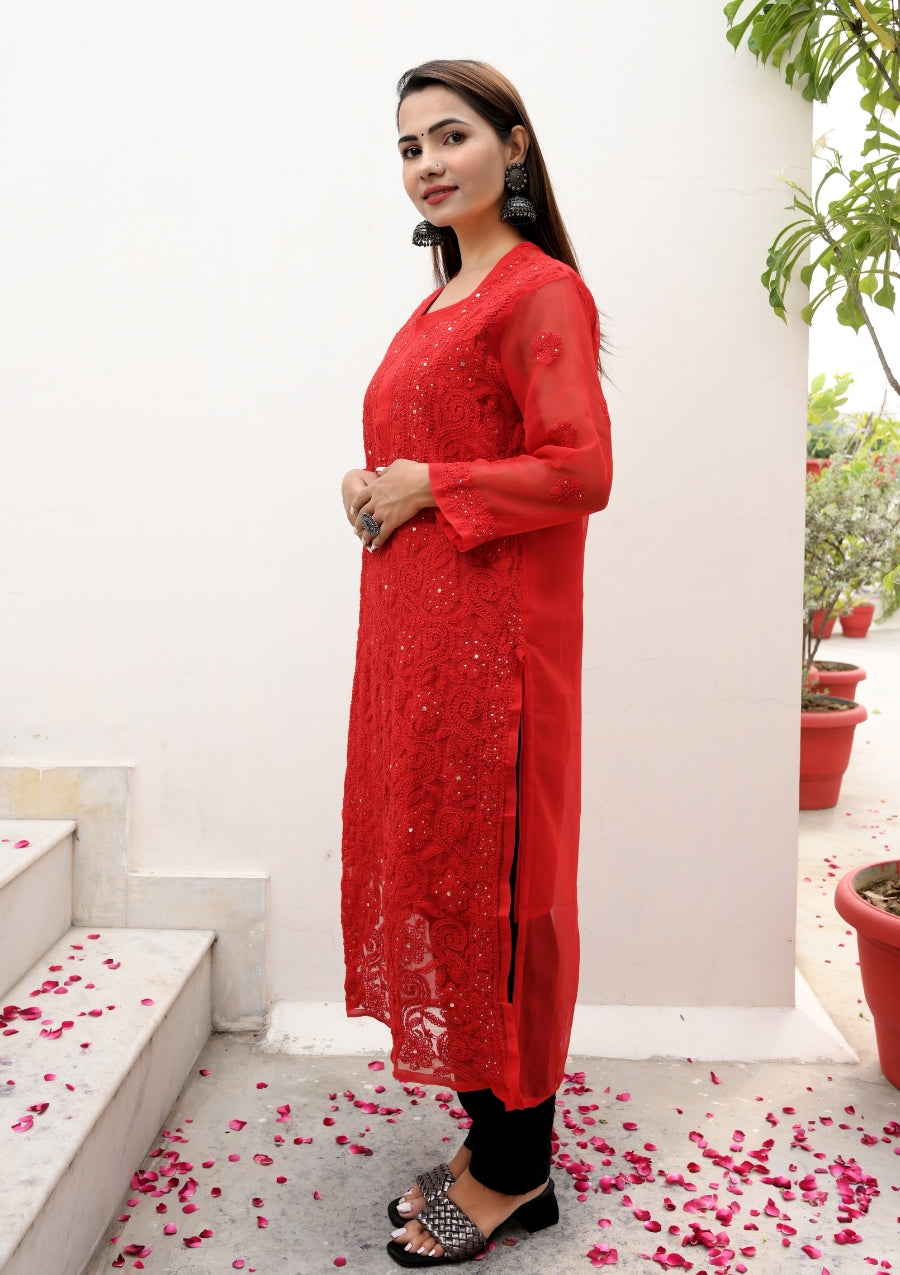 Shifa Georgette Red Chikan Kurti | chikan curry kurti | lakhnavi kurti | lucknowi chikankari kurta | lakhnavi kurta