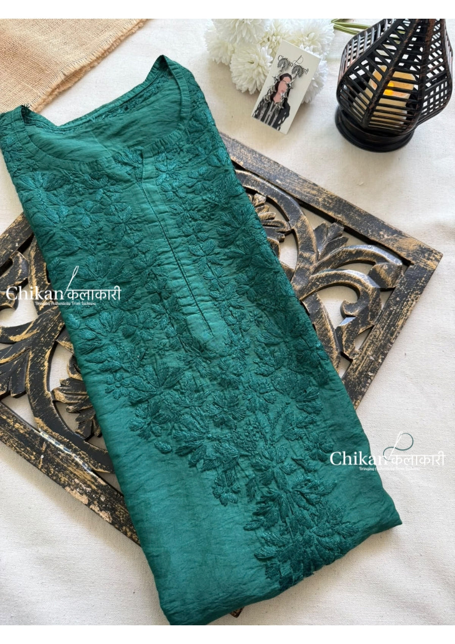 Sitara Chanderi Chikankari Kurti - Bottle Green