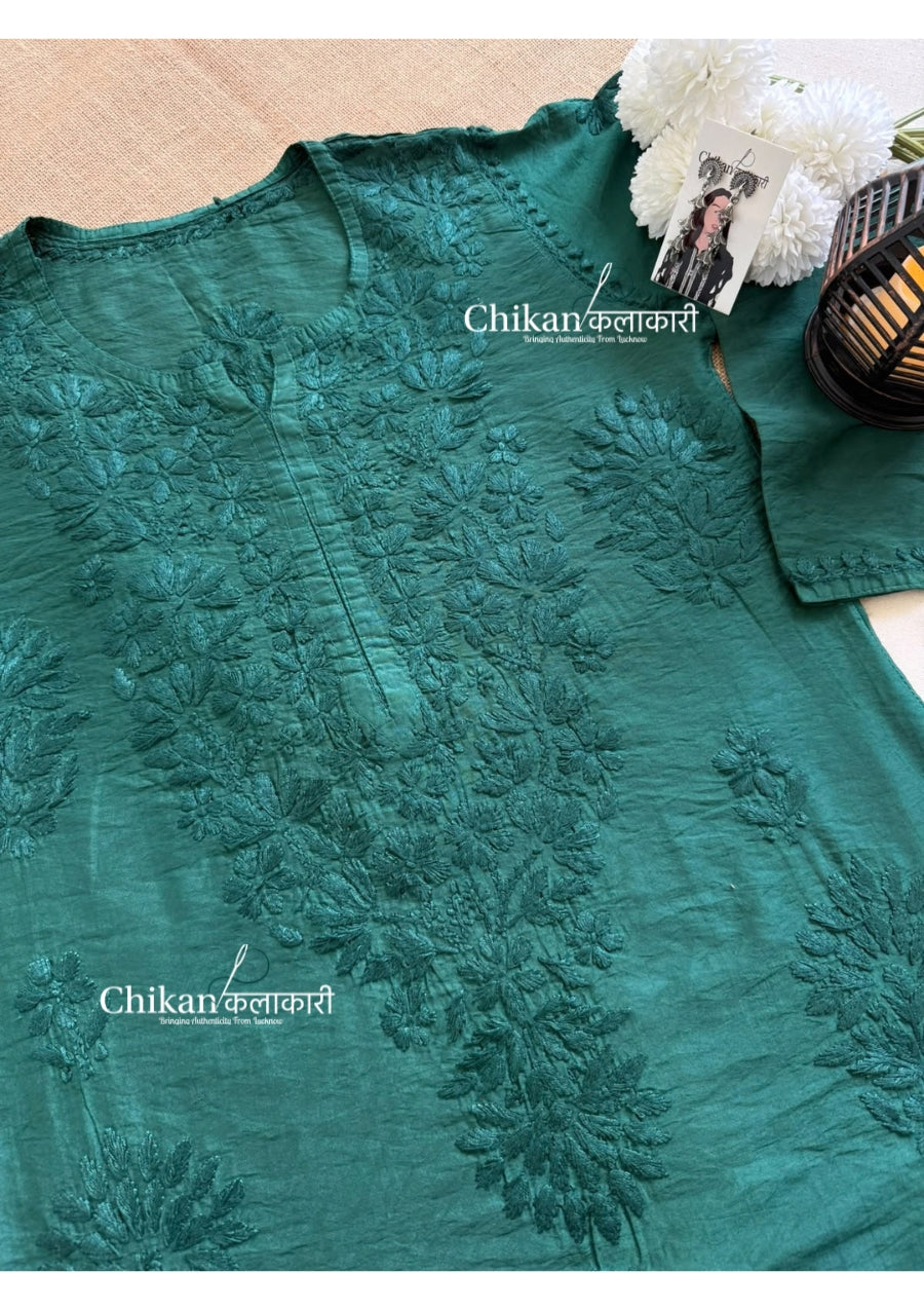 Sitara Chanderi Chikankari Kurti - Bottle Green
