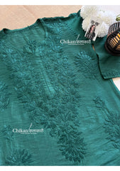 Sitara Chanderi Chikankari Kurti - Bottle Green