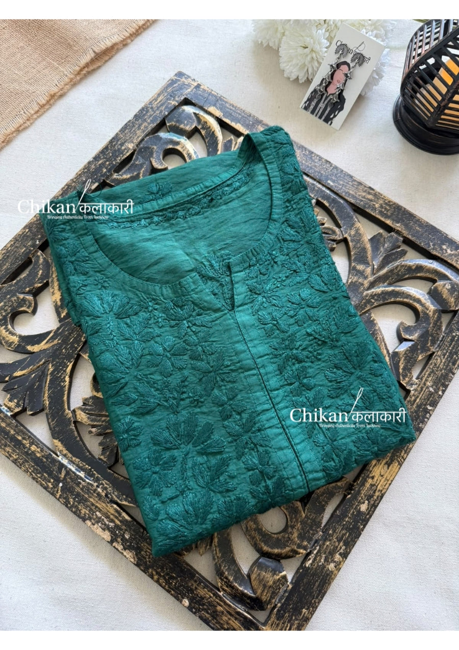 Sitara Chanderi Chikankari Kurti - Bottle Green
