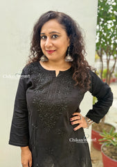 Siyara Short Cotton Chikankari Kurti - Full Black