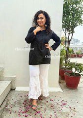Siyara Short Cotton Chikankari Kurti - Full Black