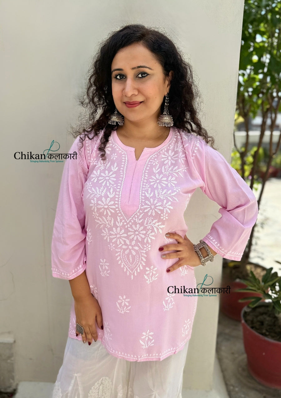 Tanisha Rayon Short Chikankari Kurti - Pink