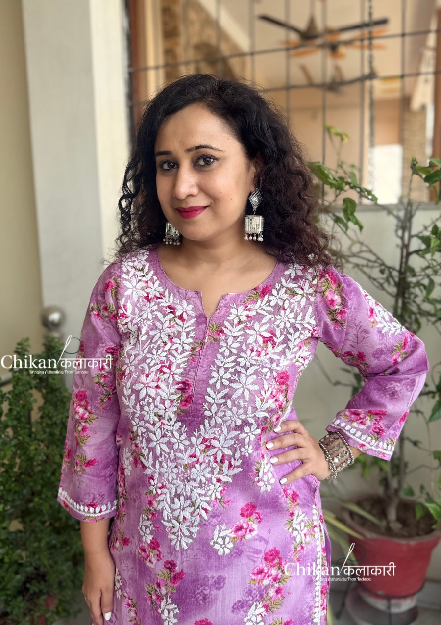 Tanvi Mulmul Chikankari Kurti - Purple