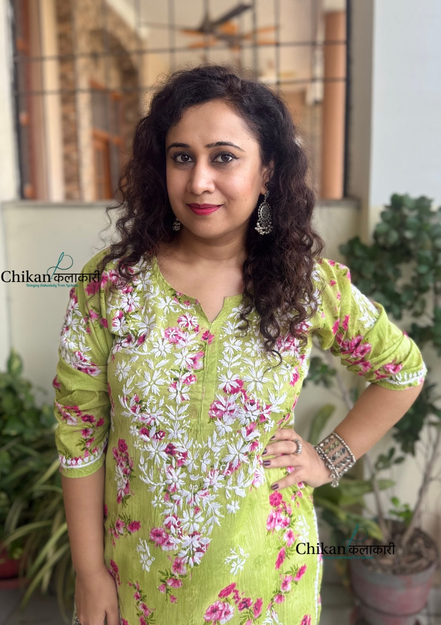 Tanvi Mulmul Chikankari Kurti - Pista Green