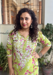 Tanvi Mulmul Chikankari Kurti - Pista Green