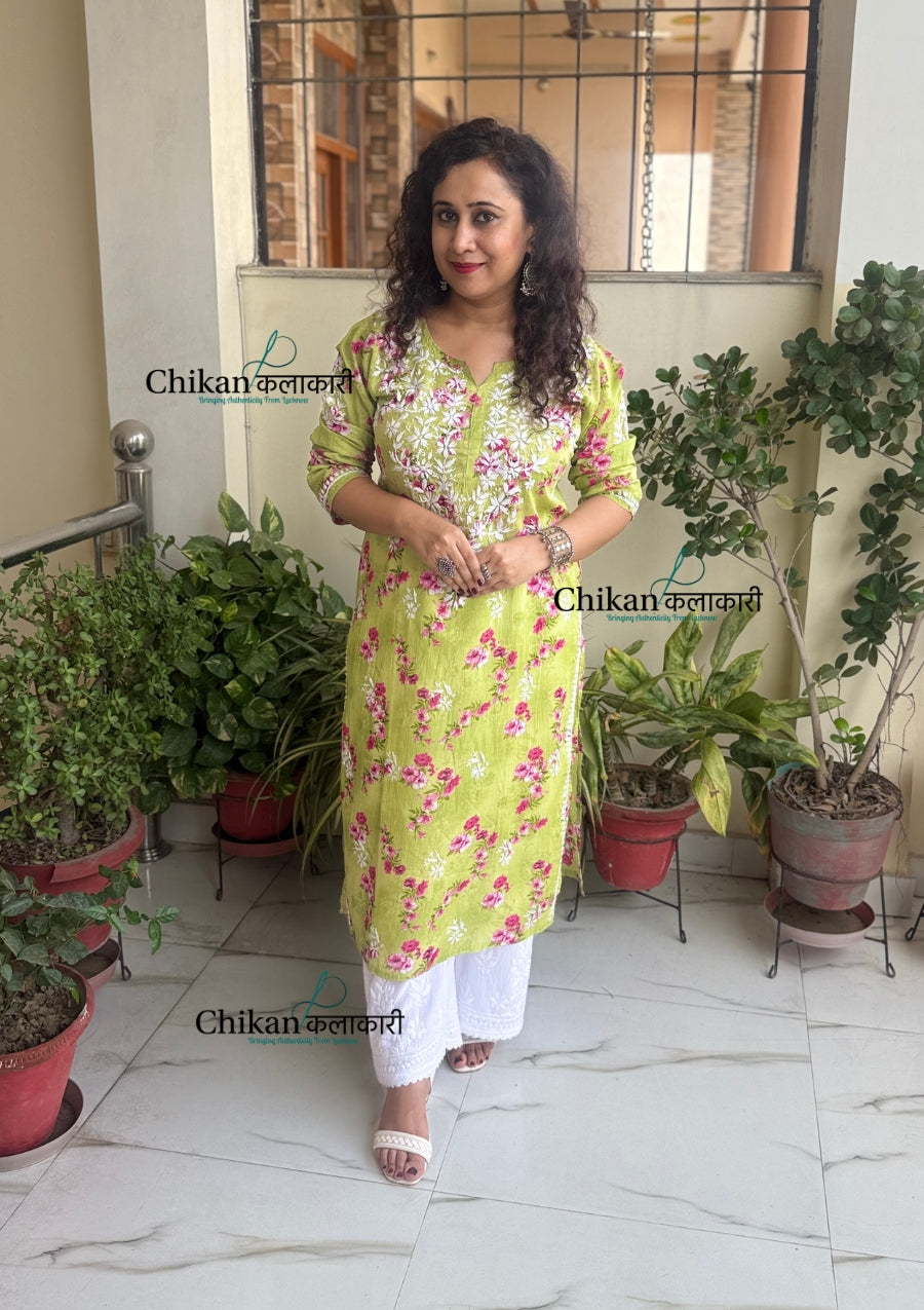 Tanvi Mulmul Chikankari Kurti - Pista Green