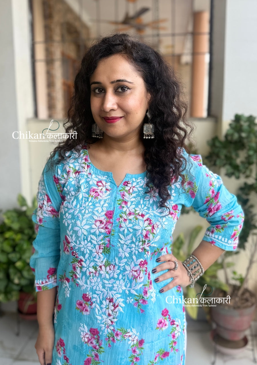 Tanvi Mulmul Chikankari Kurti - Sky Blue