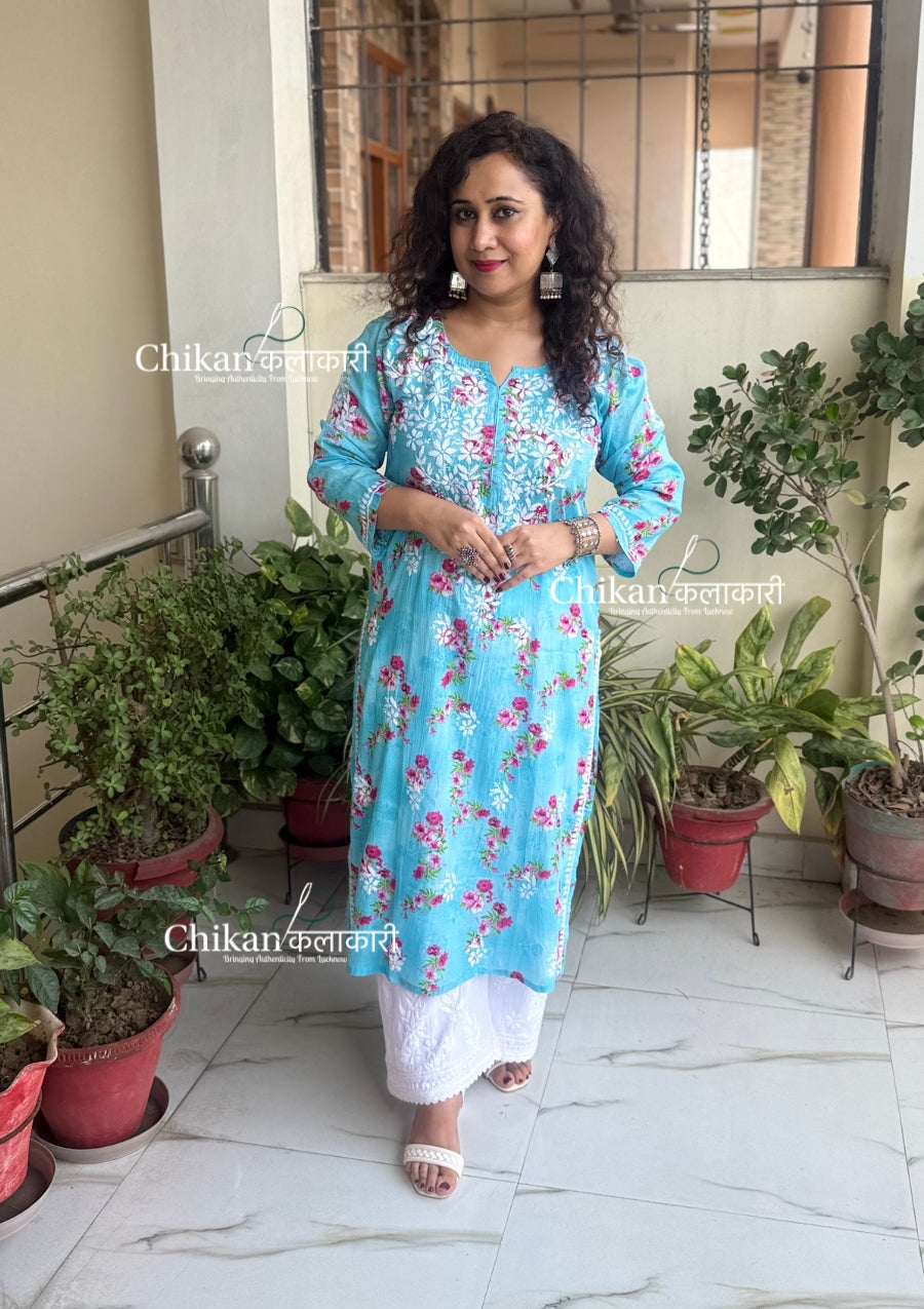 Tanvi Mulmul Chikankari Kurti - Sky Blue