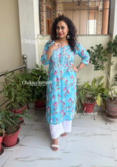 Tanvi Mulmul Chikankari Kurti - Sky Blue