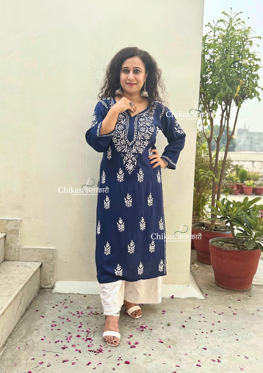 Tanya Rayon Chikankari Kurti - Blue