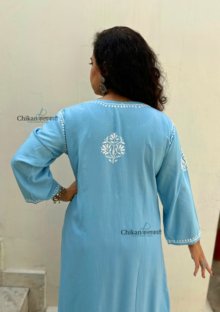 Tanya Powder Blue Rayon Chikankari Kurti- Plus Size