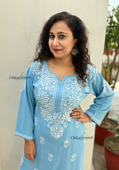 Tanya Powder Blue Rayon Chikankari Kurti- Plus Size