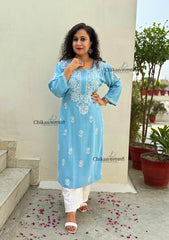Tanya Powder Blue Rayon Chikankari Kurti- Plus Size