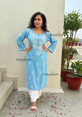 Tanya Powder Blue Rayon Chikankari Kurti- Plus Size