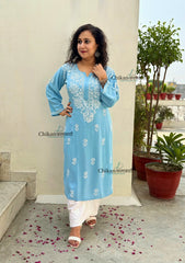 Tanya Powder Blue Rayon Chikankari Kurti- Plus Size