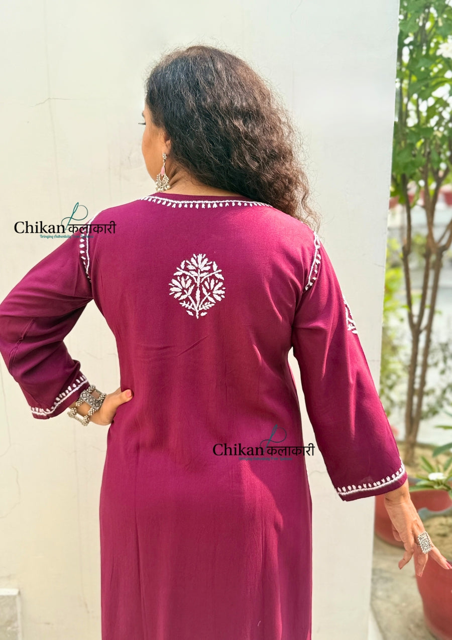 Tanya Rayon Chikankari Kurti - Wine