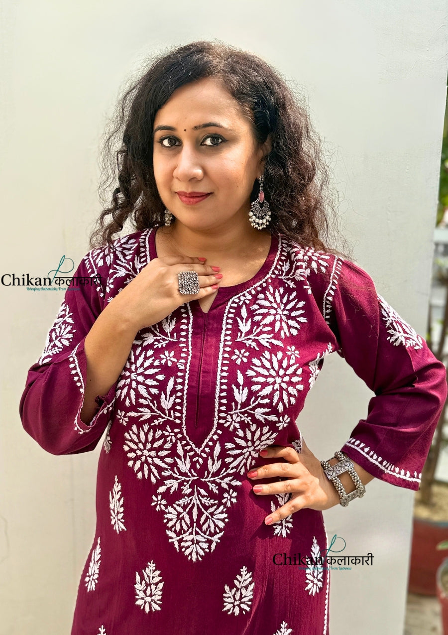 Tanya Rayon Chikankari Kurti - Wine