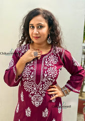 Tanya Rayon Chikankari Kurti - Wine