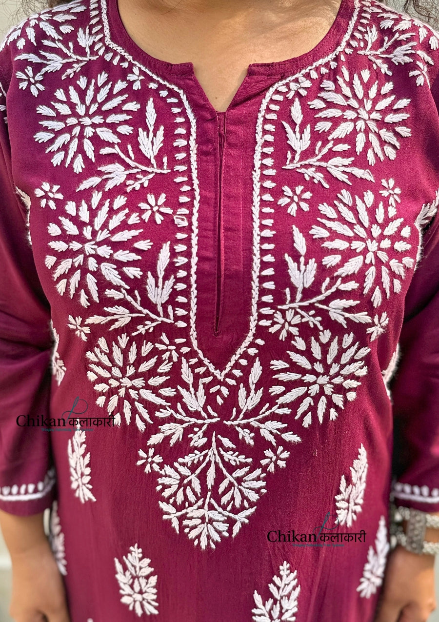 Tanya Rayon Chikankari Kurti - Wine