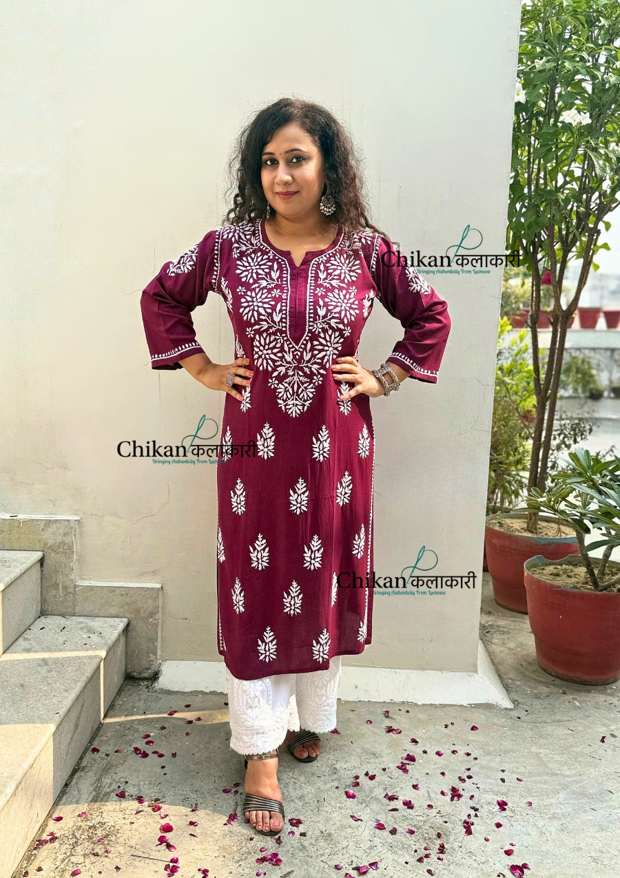 Tanya Rayon Chikankari Kurti - Wine
