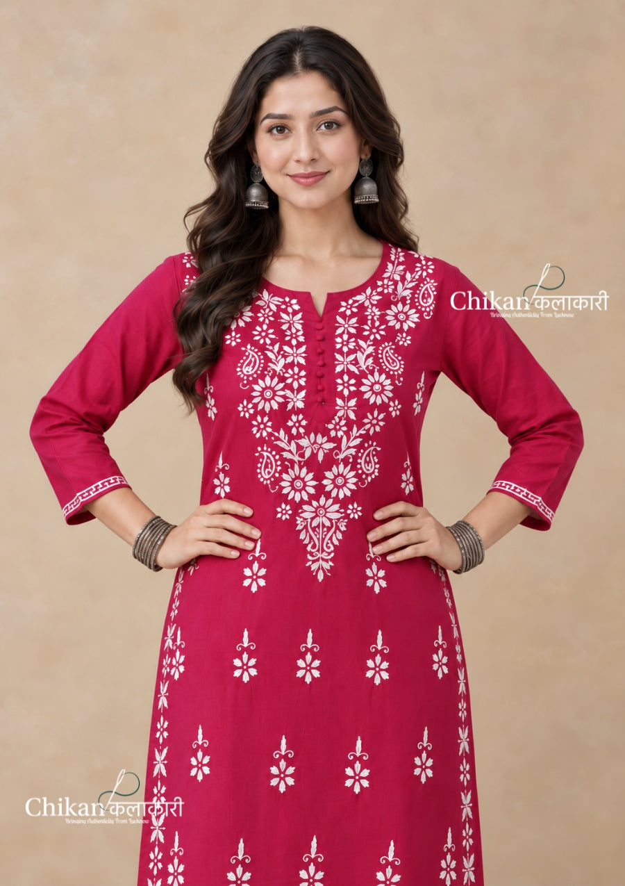 Tara Cotton Chikankari Kurti - Magenta