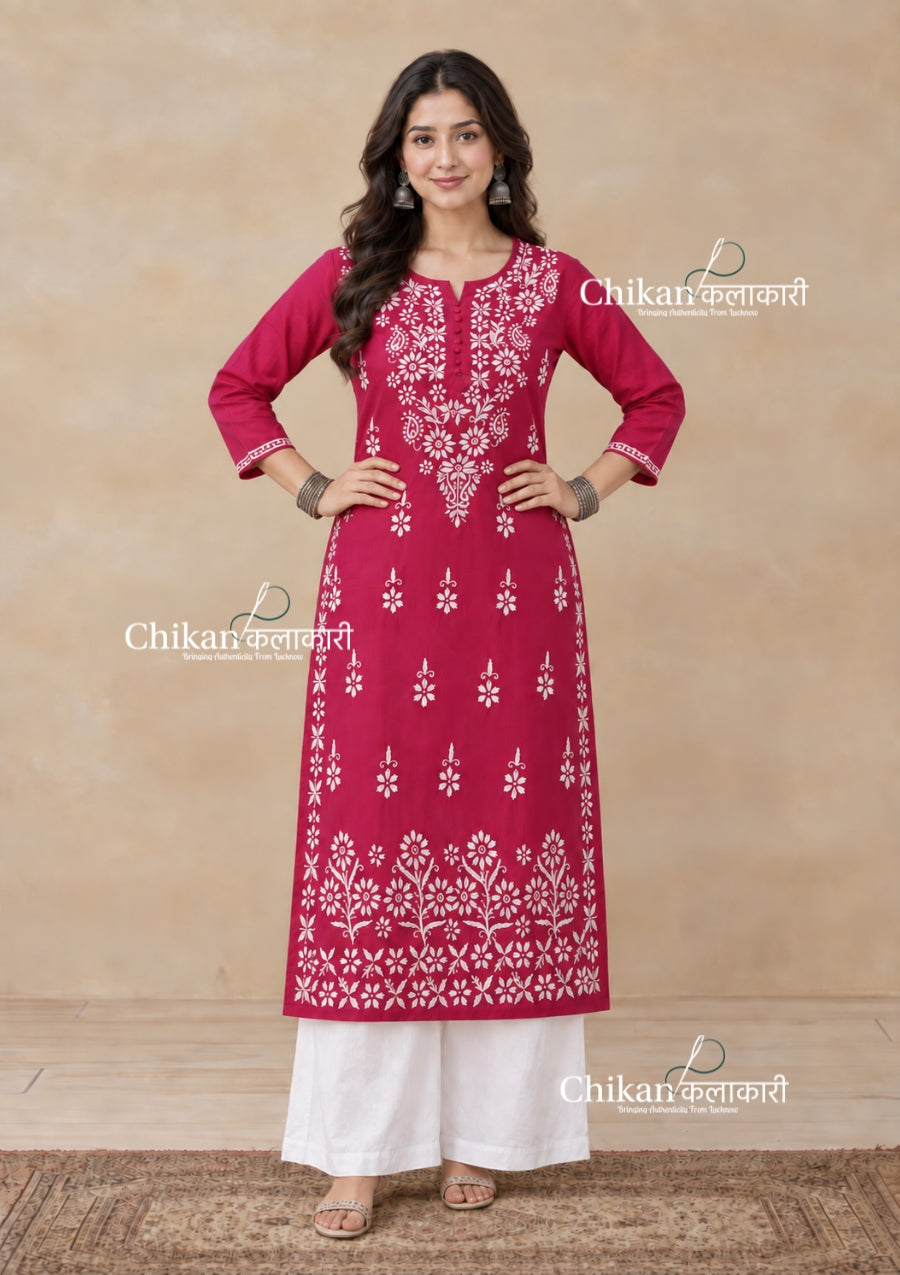 Tara Cotton Chikankari Kurti - Magenta