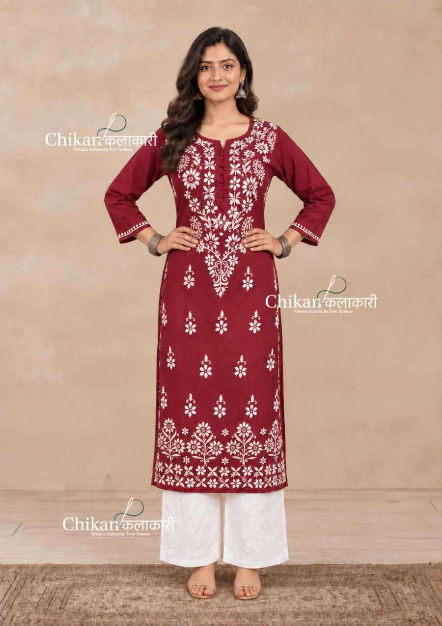 Tara Cotton Chikankari Kurti - Maroon