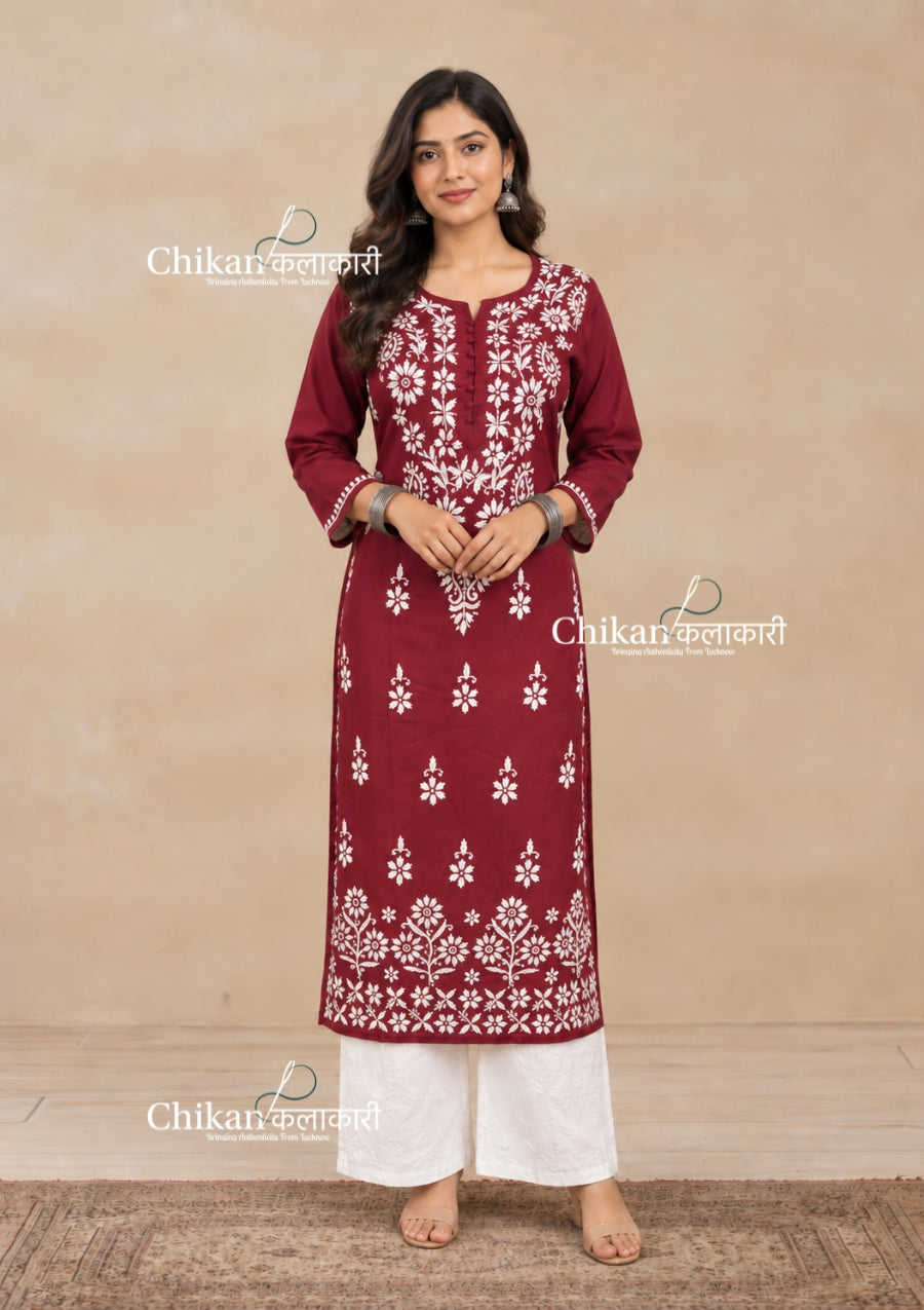 Tara Cotton Chikankari Kurti - Maroon