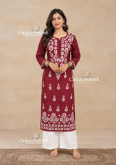 Tara Cotton Chikankari Kurti - Maroon