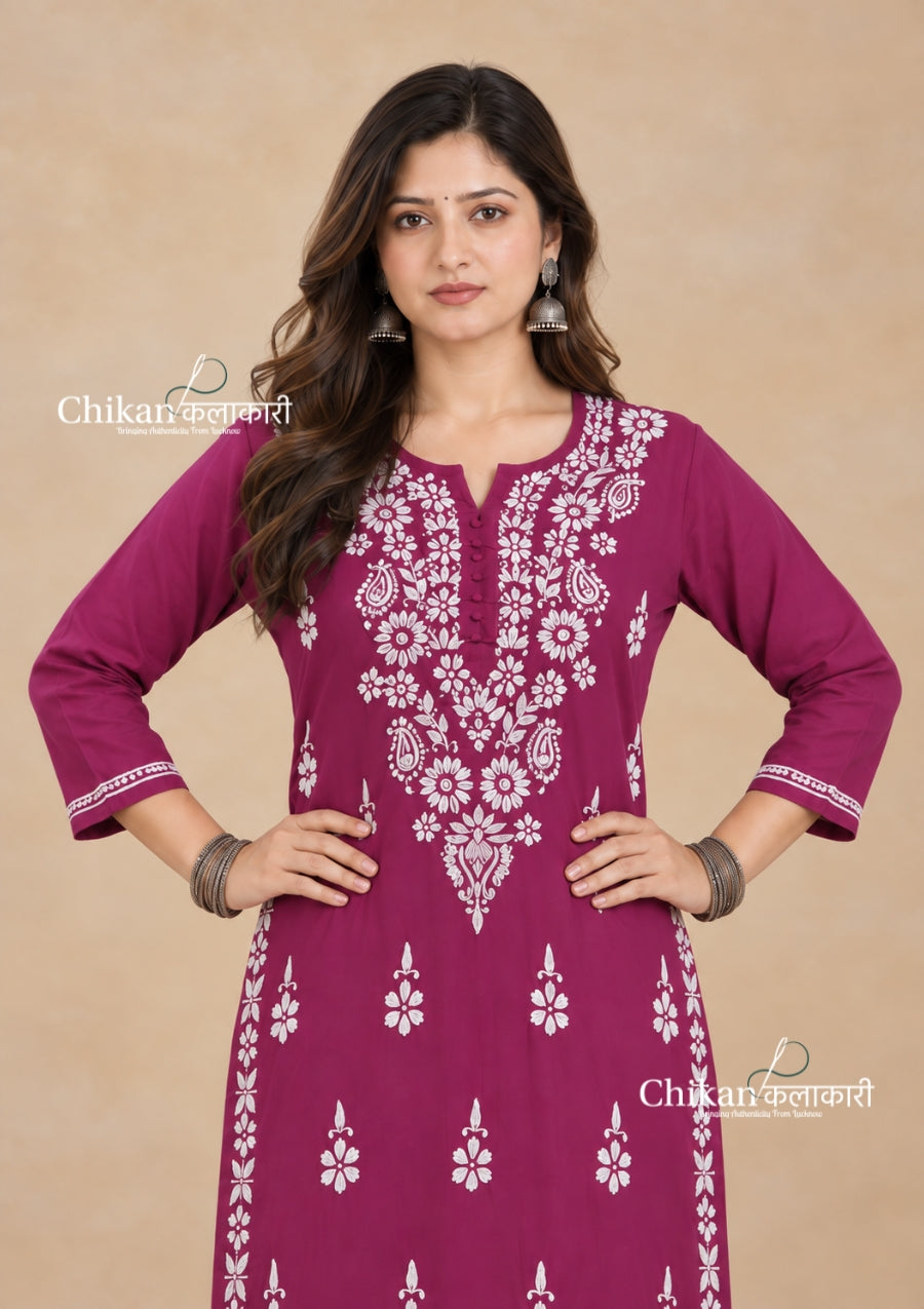 Tara Cotton Chikankari Kurti - Mulberry Pink