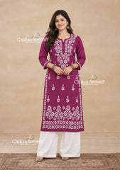 Tara Cotton Chikankari Kurti - Mulberry Pink