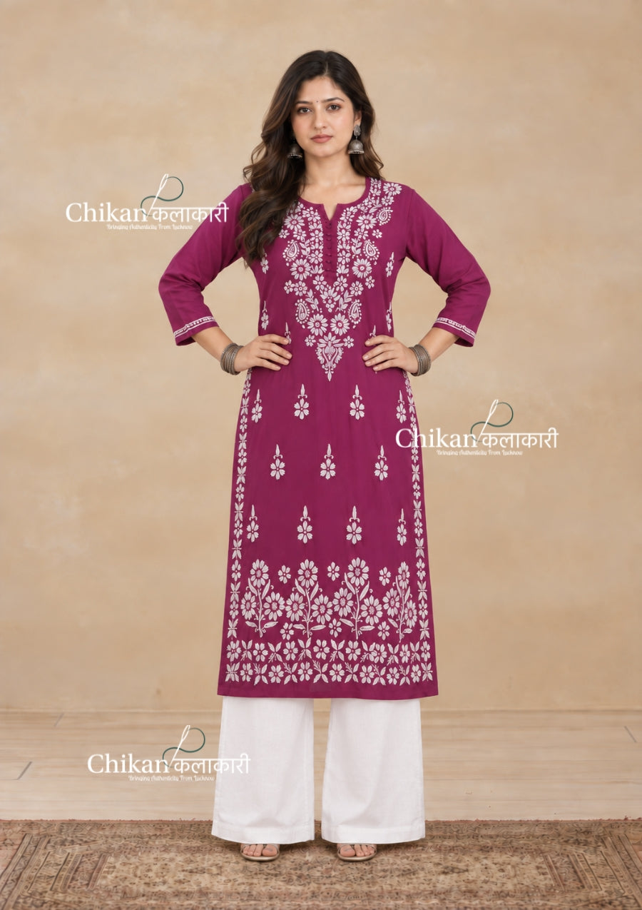 Tara Cotton Chikankari Kurti - Mulberry Pink