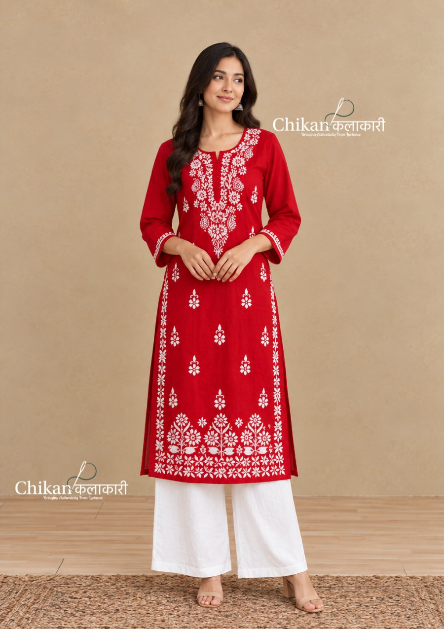 Tara Cotton Chikankari Kurti - Red
