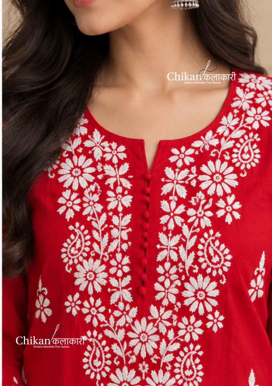 Tara Cotton Chikankari Kurti - Red