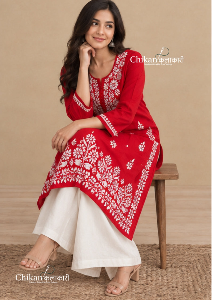 Tara Cotton Chikankari Kurti - Red