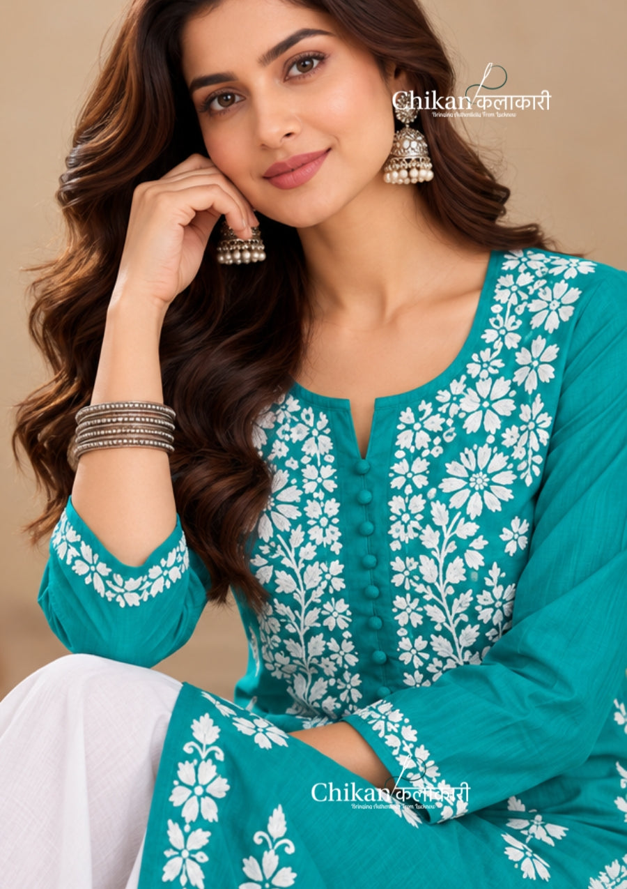Tara Cotton Chikankari Kurti - Turquoise Green