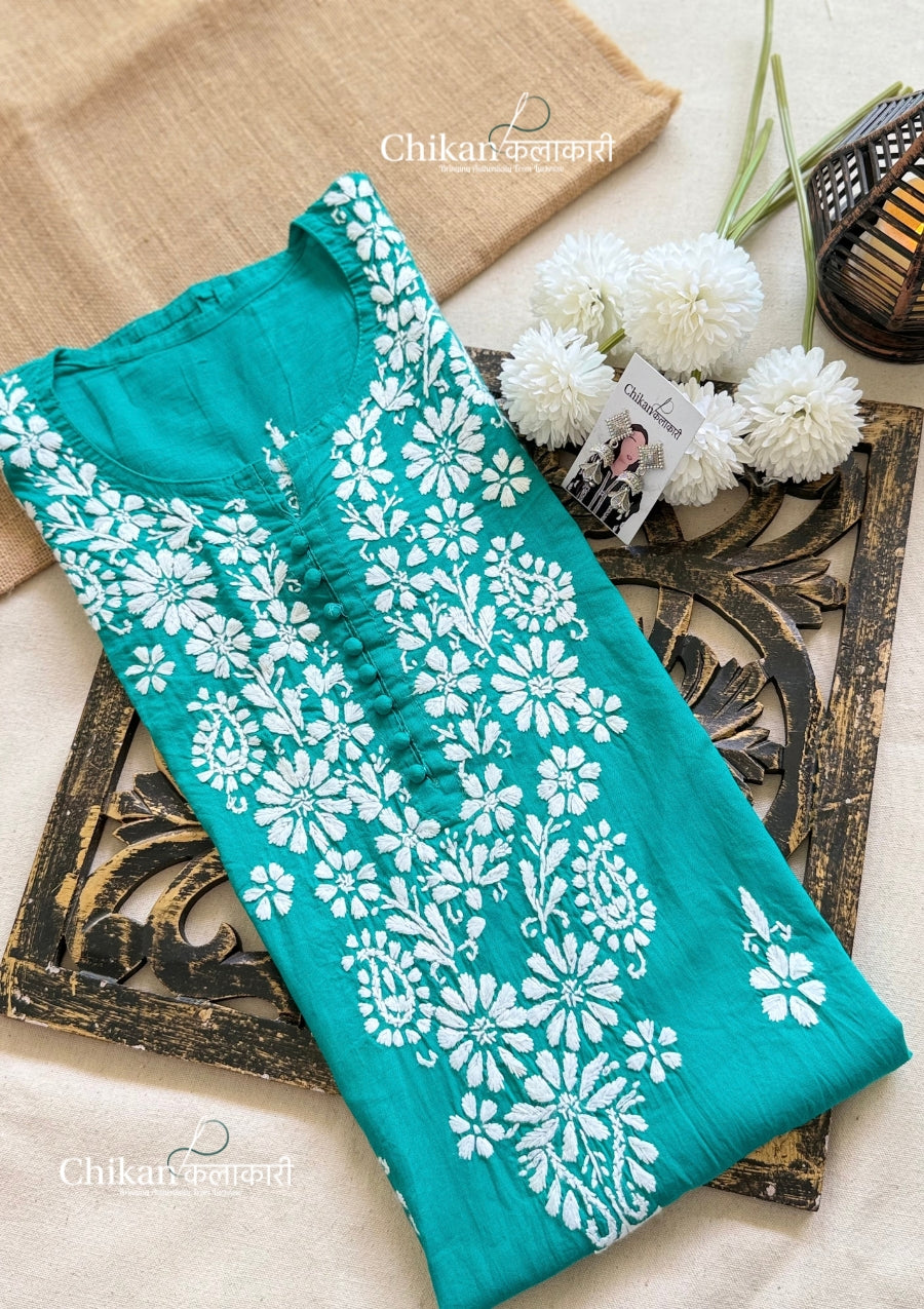 Tara Cotton Chikankari Kurti - Turquoise Green