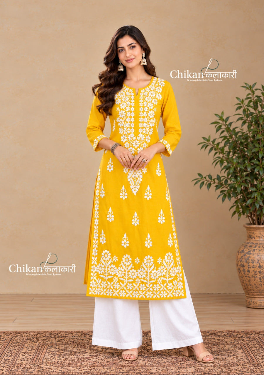 Tara Cotton Chikankari Kurti - Yellow