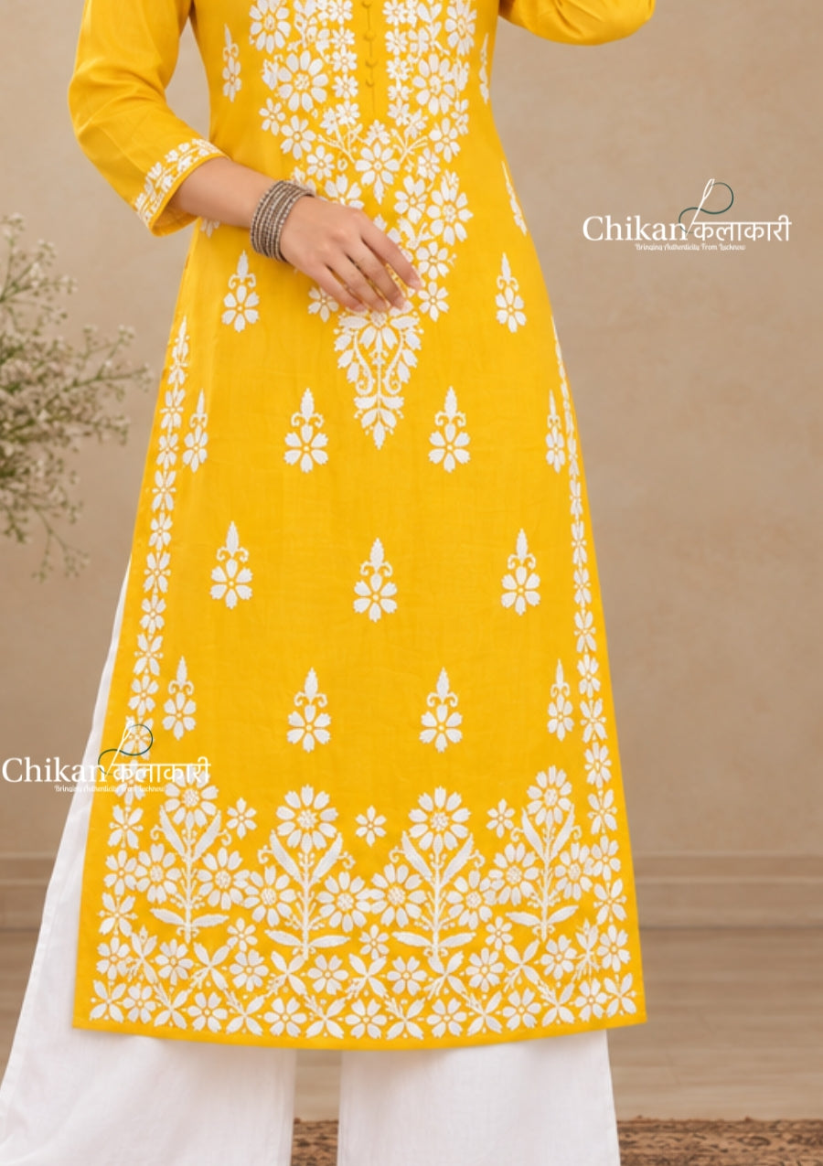 Tara Cotton Chikankari Kurti - Yellow