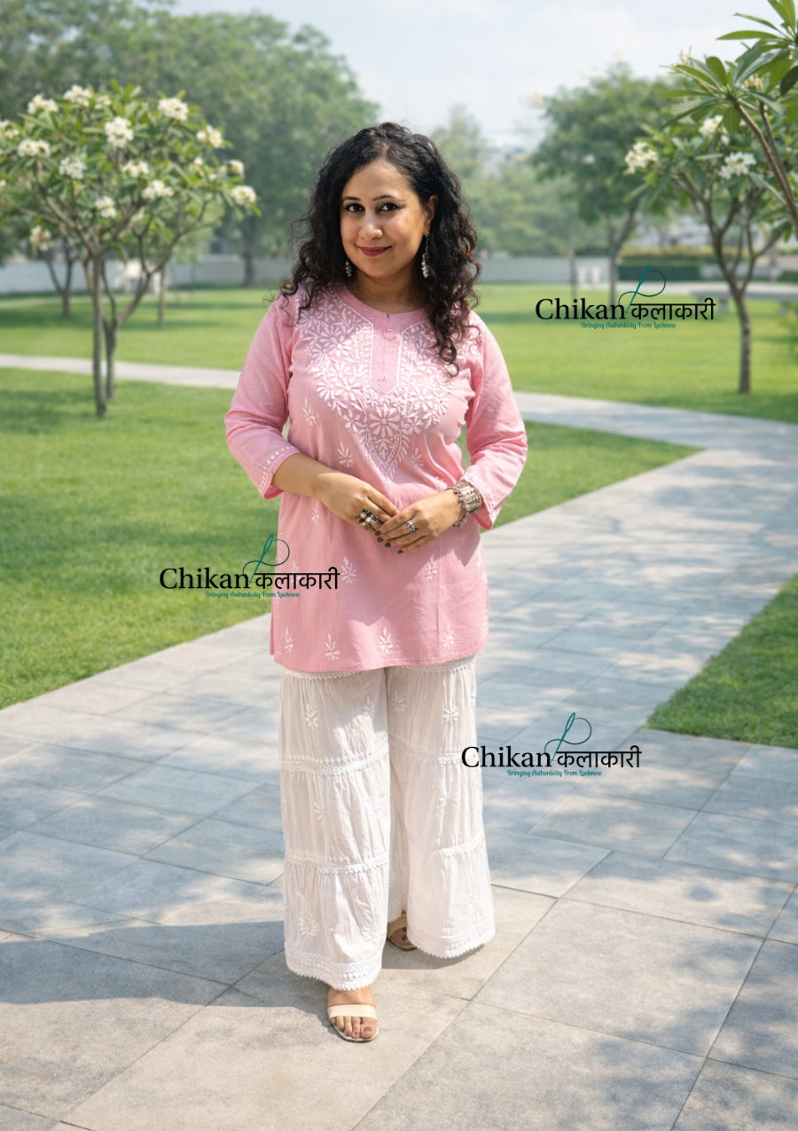 Tia Cotton Short Chikankari Kurti - Pink