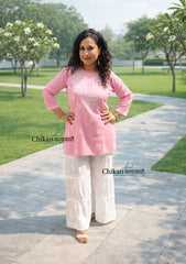 Tia Cotton Short Chikankari Kurti - Pink