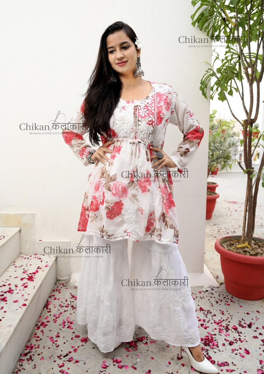 Tina Georgette Short Chikankari kurti | chikan curry kurti | lakhnavi kurti | lucknowi chikan kurta | chikankari short kurta