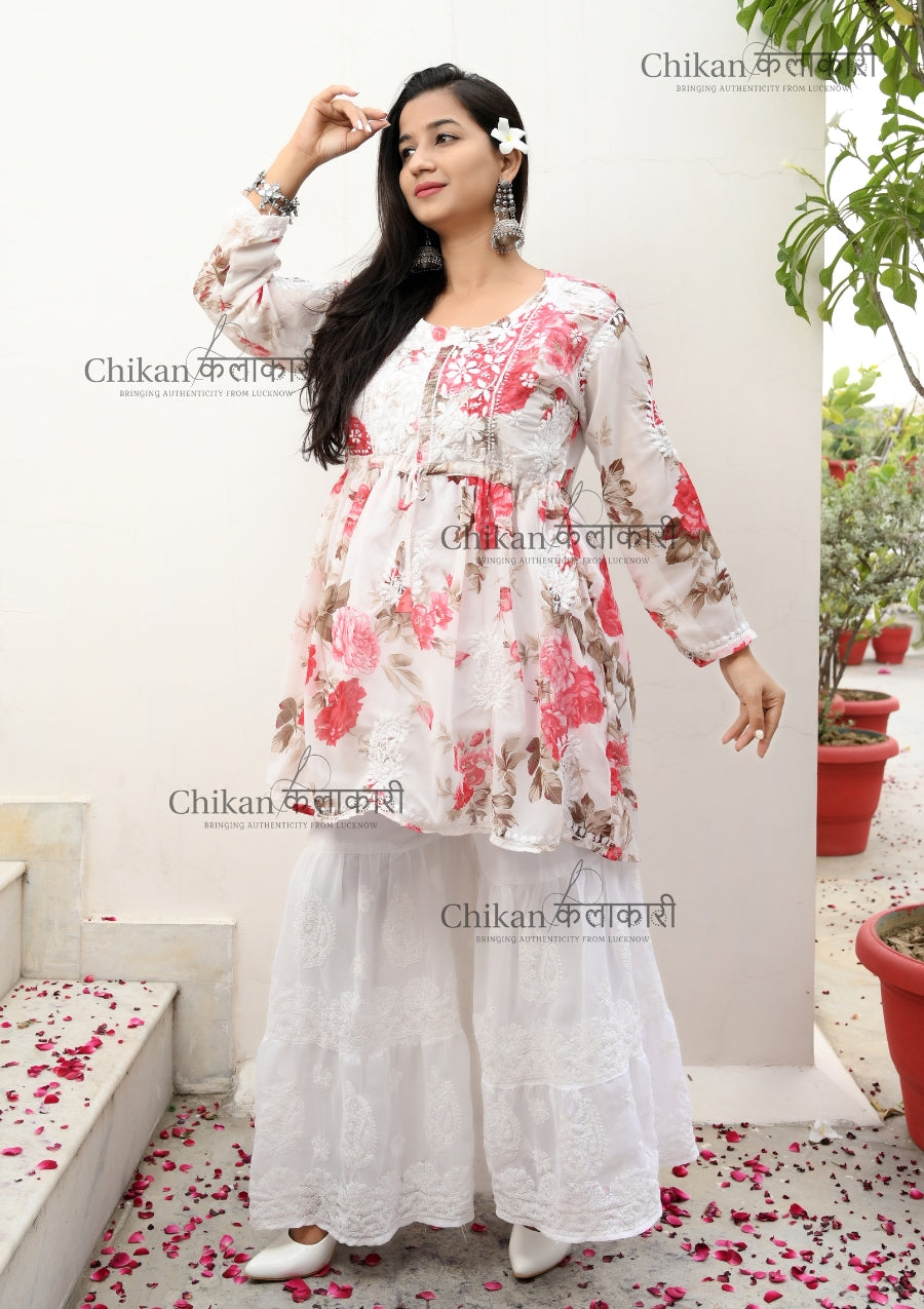 Tina White Georgette Chikankari Short Kurta | chikan curry kurti | lakhnavi kurti | short chikankari kurtis