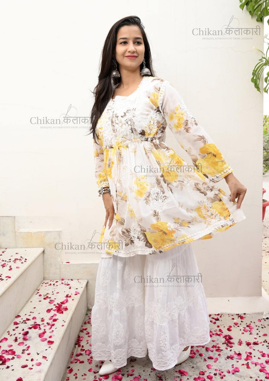 Tina Georgette white chikankari short kurta | chikan curry kurta | lakhnavi kurti | lucknowi chikan kurti