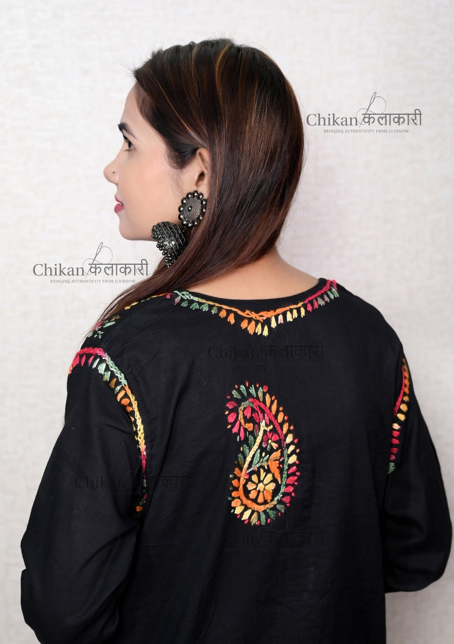 Trisha Cotton Black lakhnavi kurti | chikan curry kurti | lakhnavi kurta | lucknowi chikan kurti | house of chikankari